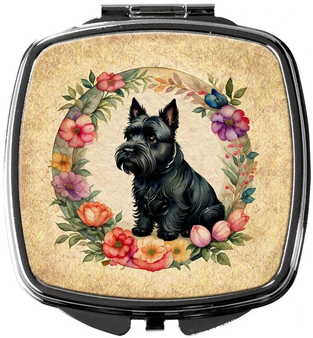 Main image of Scottish Terrier and Flowers Compact Mirror Decorative Travel Makeup Mirror for Women Girls Gifts Pocket Makeup Mirror Folding Handheld