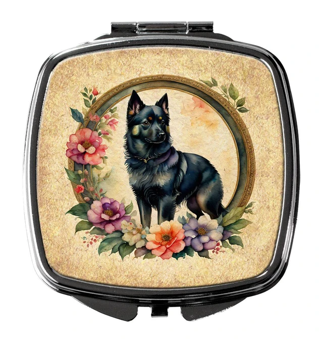 Main image of Schipperke and Flowers Compact Mirror Decorative Travel Makeup Mirror for Women Girls Gifts Pocket Makeup Mirror Folding Handheld