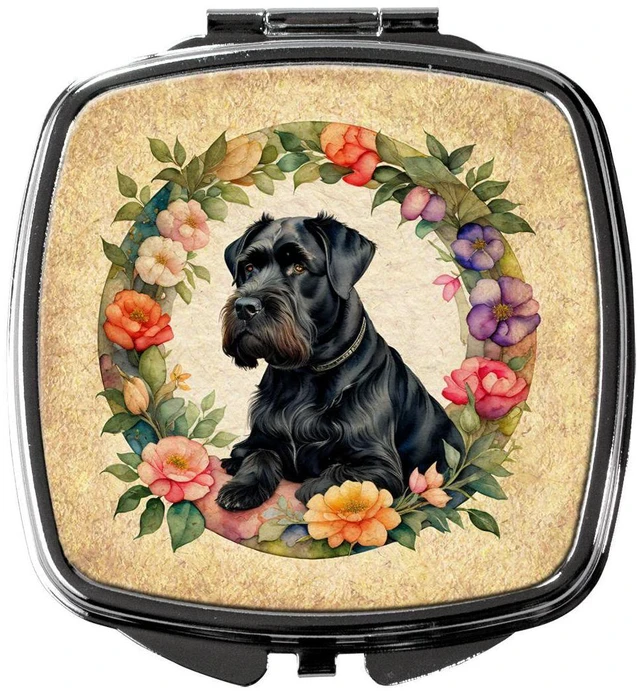 Main image of Giant Schnauzer and Flowers Compact Mirror Decorative Travel Makeup Mirror for Women Girls Gifts Pocket Makeup Mirror Folding Handheld