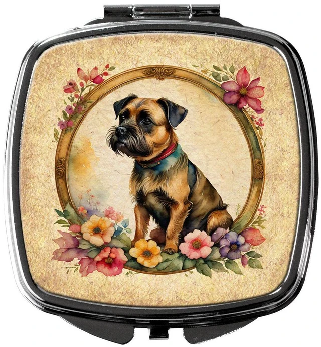 Main image of Border Terrier and Flowers Compact Mirror Decorative Travel Makeup Mirror for Women Girls Gifts Pocket Makeup Mirror Folding Handheld