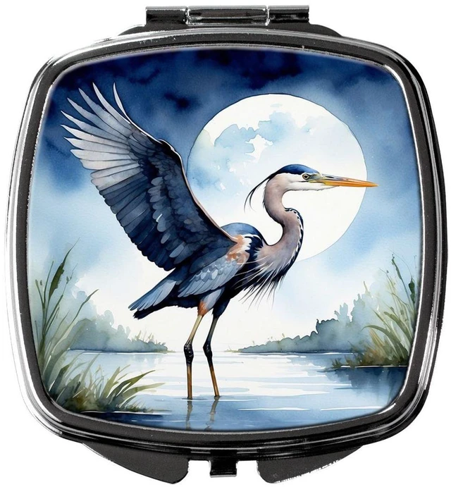 Main image of Blue Heron Under the Moonlight Compact Mirror Decorative Travel Makeup Mirror for Women Girls Gifts Pocket Makeup Mirror Folding Handheld