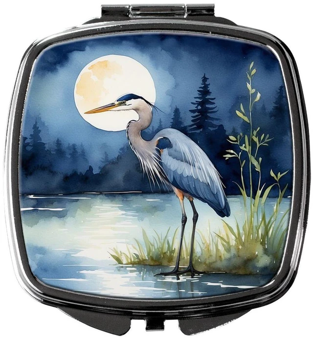 Main image of Blue Heron Under the Moonlight Compact Mirror Decorative Travel Makeup Mirror for Women Girls Gifts Pocket Makeup Mirror Folding Handheld