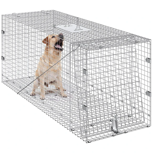 Alt view image 8 of 8 - Live Animal Cage Trap, 42" x 16" x 18" Humane Cat Trap Galvanized Iron, Folding Animal Trap with Handle for Stray Dogs, Armadillos, Raccoons, Marmots, Foxes