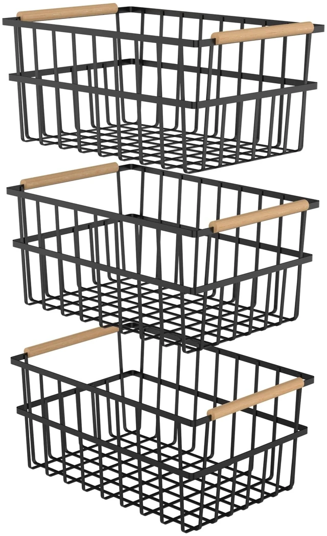 Main image of Oceanstar Metal Wire Organizer Bin Handles WBHB1910 Basket Set, One-Size, Black, 3 Count