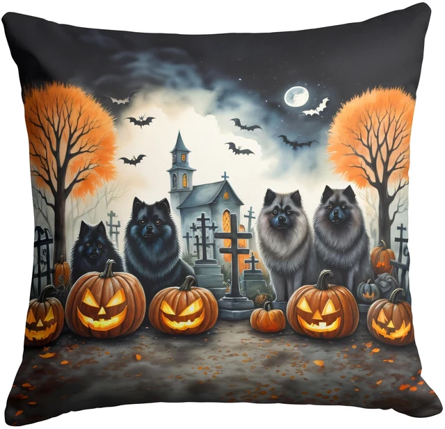 Main image of Keeshond Spooky Halloween Throw Pillow Machine Washable, Indoor Outdoor Decorative Pillow for Couch, Bed or Patio, 18Hx18W