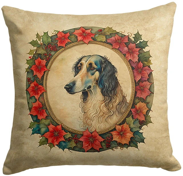 Main image of Borzoi Christmas Flowers Throw Pillow Machine Washable, Indoor Outdoor Decorative Pillow for Couch, Bed or Patio, 18Hx18W