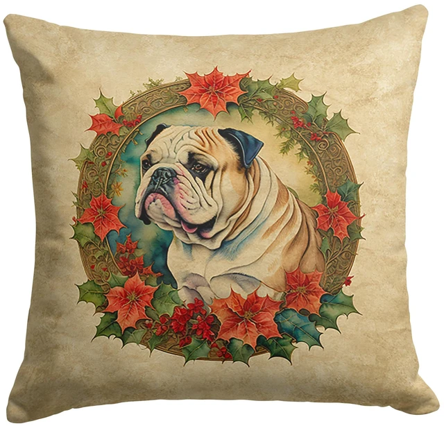 Main image of English Bulldog Christmas Flowers Throw Pillow Machine Washable, Indoor Outdoor Decorative Pillow for Couch, Bed or Patio, 18Hx18W