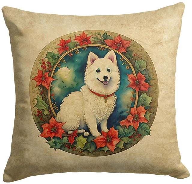 Main image of Japanese Spitz Christmas Flowers Throw Pillow Machine Washable, Indoor Outdoor Decorative Pillow for Couch, Bed or Patio, 18Hx18W