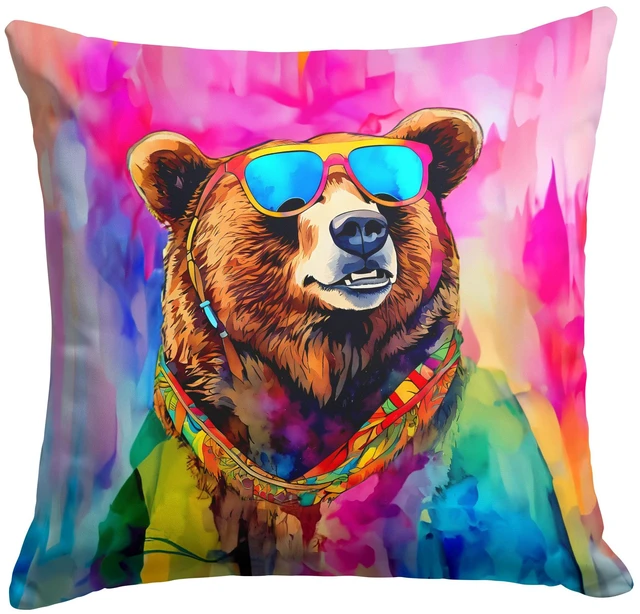 Main image of NEW Hippie Animal Grizzly Bear Throw Pillow Machine Washable, Indoor Outdoor Decorative Pillow for Couch, Bed or Patio, 18Hx18W