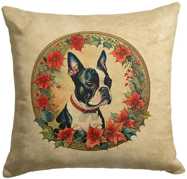 Main image of Boston Terrier Christmas Flowers Throw Pillow Machine Washable, Indoor Outdoor Decorative Pillow for Couch, Bed or Patio, 18Hx18W