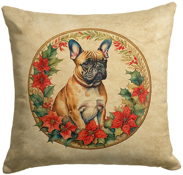 Main image of French Bulldog Christmas Flowers Throw Pillow Machine Washable, Indoor Outdoor Decorative Pillow for Couch, Bed or Patio, 18Hx18W