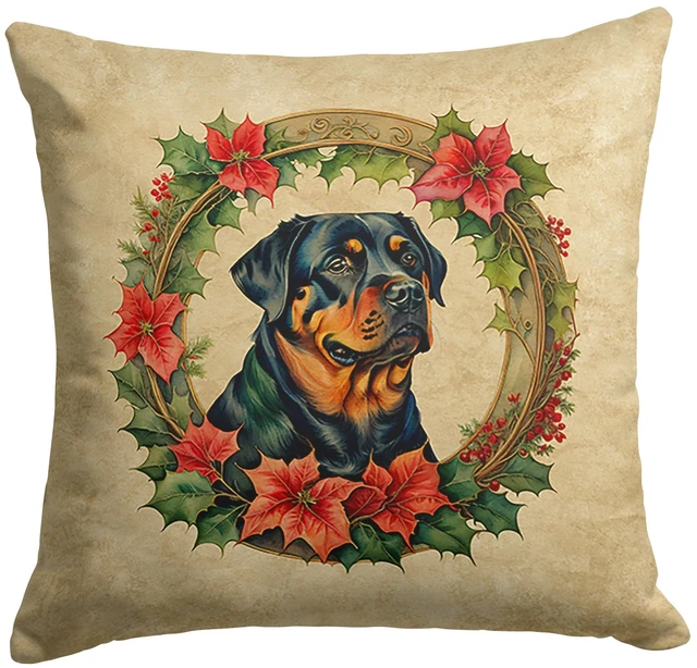 Main image of Rottweiler Christmas Flowers Throw Pillow Machine Washable, Indoor Outdoor Decorative Pillow for Couch, Bed or Patio, 18Hx18W