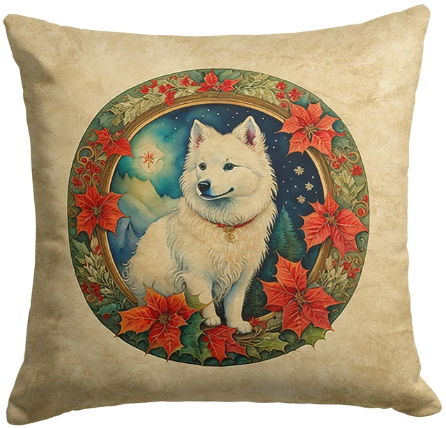 Main image of American Eskimo Christmas Flowers Throw Pillow Machine Washable, Indoor Outdoor Decorative Pillow for Couch, Bed or Patio, 18Hx18W
