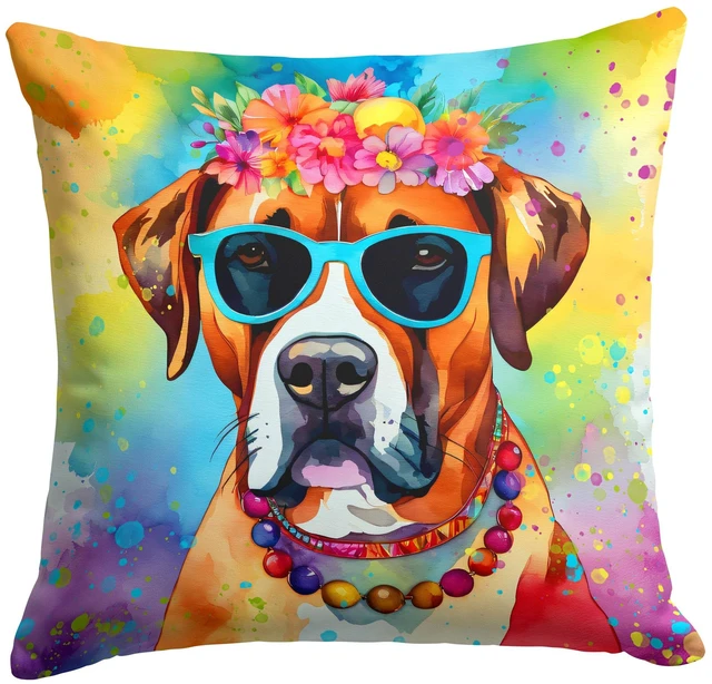 Main image of Boxer Hippie Dawg Throw Pillow Machine Washable, Indoor Outdoor Decorative Pillow for Couch, Bed or Patio, 18Hx18W