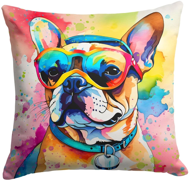 Main image of French Bulldog Hippie Dawg Throw Pillow Machine Washable, Indoor Outdoor Decorative Pillow for Couch, Bed or Patio, 18Hx18W