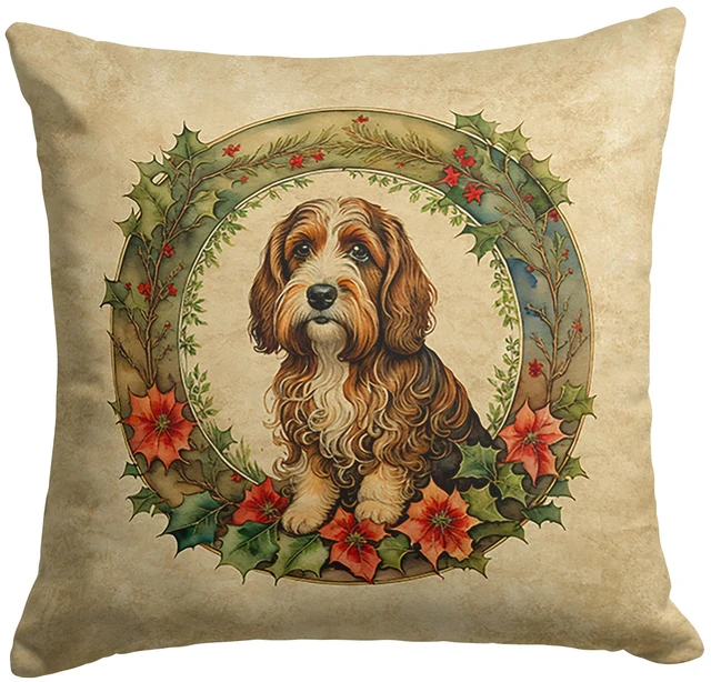Main image of Petit Basset Griffon Vendeen Christmas Flowers Throw Pillow Machine Washable, Indoor Outdoor Decorative Pillow for Couch, Bed or Patio, 18Hx18W