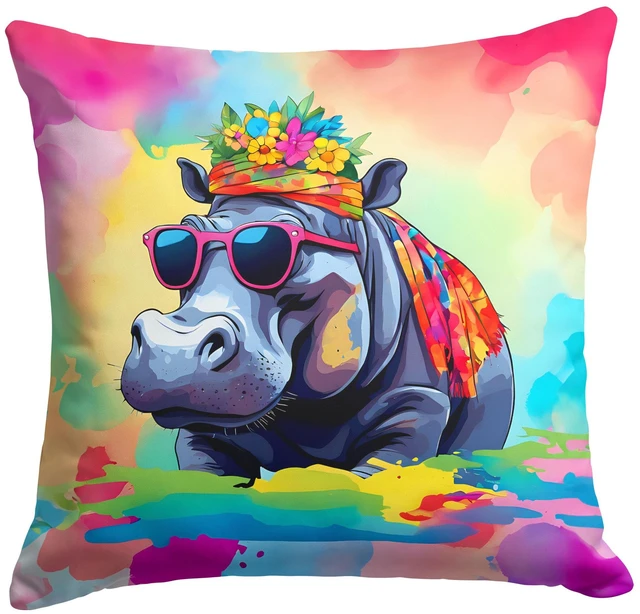 Main image of NEW Hippie Animal Hippopotamus Throw Pillow Machine Washable, Indoor Outdoor Decorative Pillow for Couch, Bed or Patio, 18Hx18W