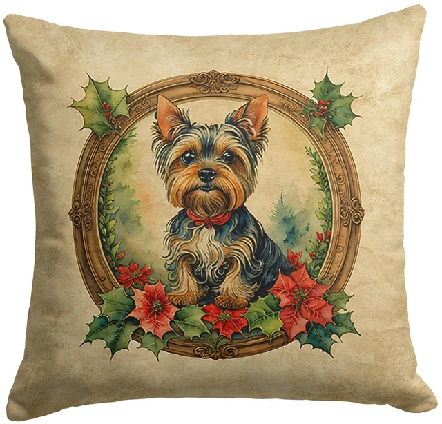 Main image of Yorkie Christmas Flowers Throw Pillow Machine Washable, Indoor Outdoor Decorative Pillow for Couch, Bed or Patio, 18Hx18W