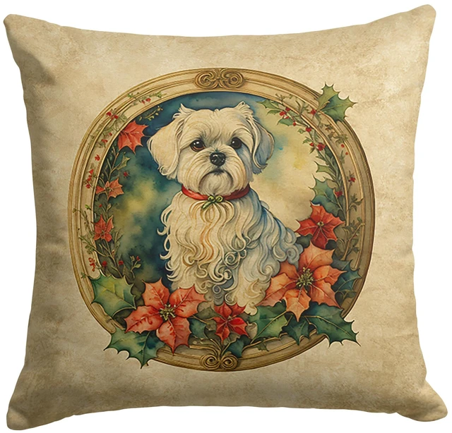 Main image of Maltese Christmas Flowers Throw Pillow Machine Washable, Indoor Outdoor Decorative Pillow for Couch, Bed or Patio, 18Hx18W