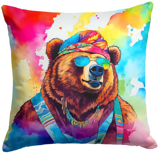 Main image of NEW Hippie Animal Grizzly Bear Throw Pillow Machine Washable, Indoor Outdoor Decorative Pillow for Couch, Bed or Patio, 18Hx18W