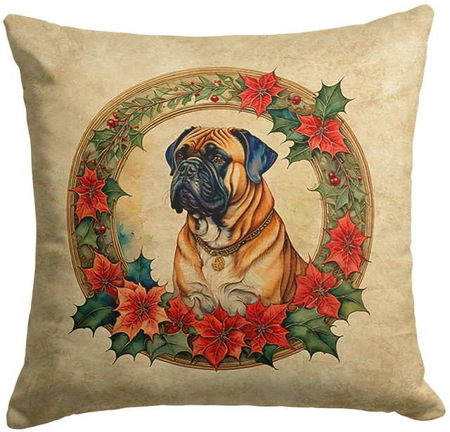 Main image of Bullmastiff Christmas Flowers Throw Pillow Machine Washable, Indoor Outdoor Decorative Pillow for Couch, Bed or Patio, 18Hx18W