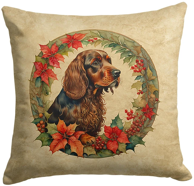 Main image of Field Spaniel Christmas Flowers Throw Pillow Machine Washable, Indoor Outdoor Decorative Pillow for Couch, Bed or Patio, 18Hx18W