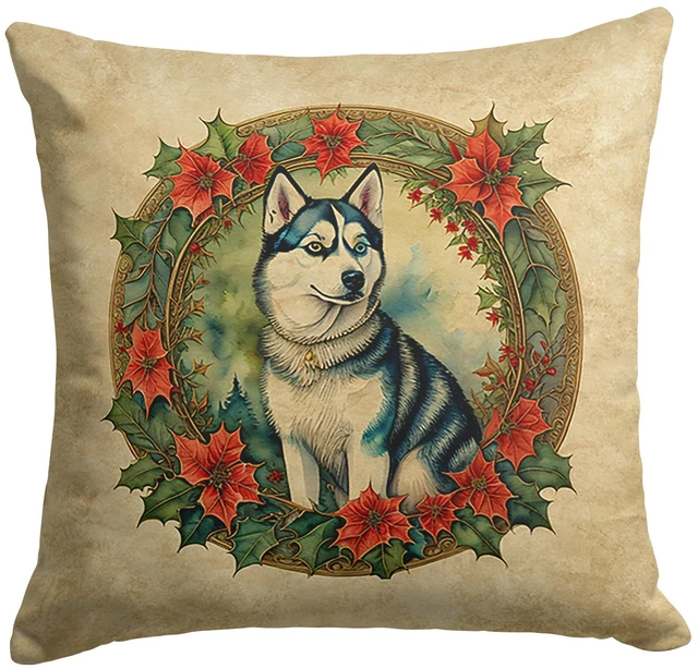 Main image of Siberian Husky Christmas Flowers Throw Pillow Machine Washable, Indoor Outdoor Decorative Pillow for Couch, Bed or Patio, 18Hx18W