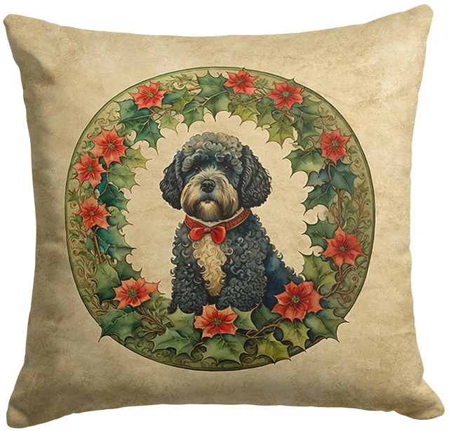 Main image of Portuguese Water Dog Christmas Flowers Throw Pillow Machine Washable, Indoor Outdoor Decorative Pillow for Couch, Bed or Patio, 18Hx18W
