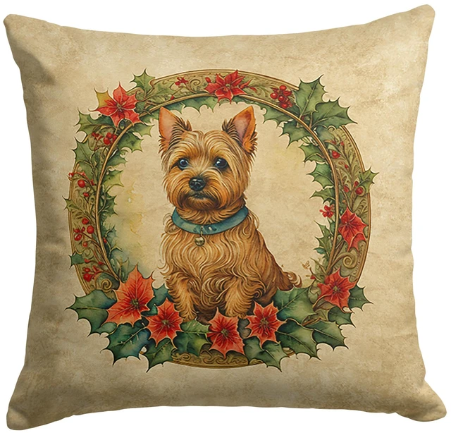 Main image of Norwich Terrier Christmas Flowers Throw Pillow Machine Washable, Indoor Outdoor Decorative Pillow for Couch, Bed or Patio, 18Hx18W