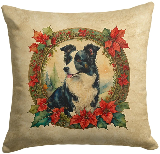 Main image of Border Collie Christmas Flowers Throw Pillow Machine Washable, Indoor Outdoor Decorative Pillow for Couch, Bed or Patio, 18Hx18W