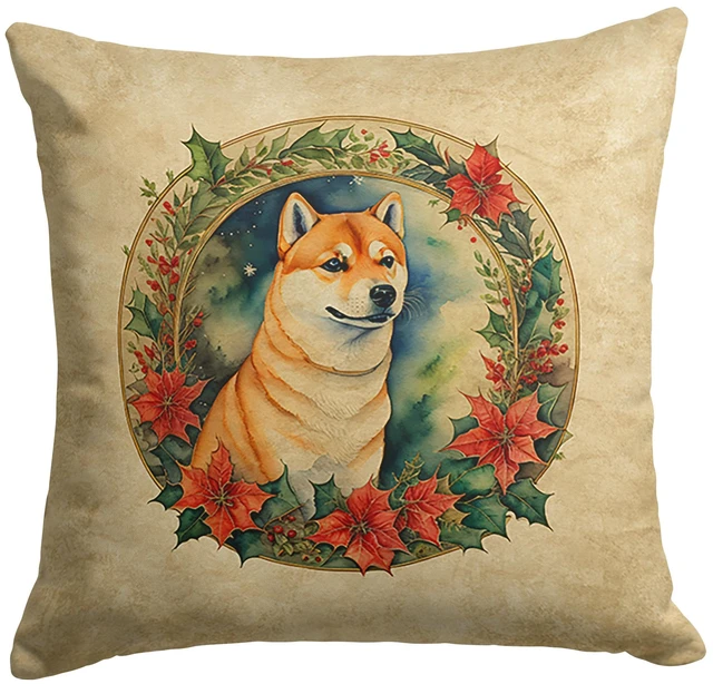 Main image of Shiba Inu Christmas Flowers Throw Pillow Machine Washable, Indoor Outdoor Decorative Pillow for Couch, Bed or Patio, 18Hx18W