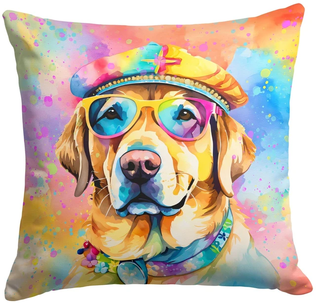 Main image of Yellow Labrador Hippie Dawg Throw Pillow Machine Washable, Indoor Outdoor Decorative Pillow for Couch, Bed or Patio, 18Hx18W