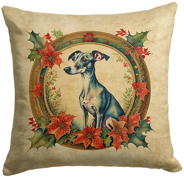 Main image of Italian Greyhound Christmas Flowers Throw Pillow Machine Washable, Indoor Outdoor Decorative Pillow for Couch, Bed or Patio, 18Hx18W