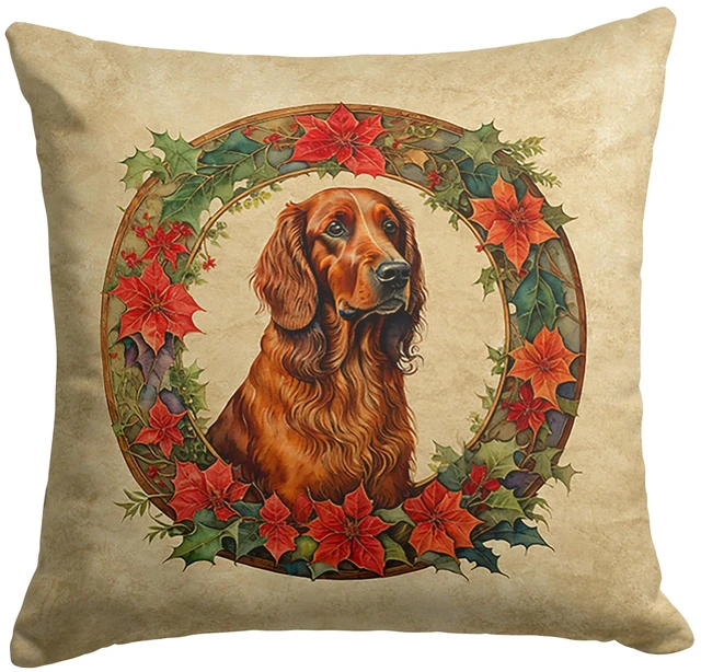 Main image of Irish Setter Christmas Flowers Throw Pillow Machine Washable, Indoor Outdoor Decorative Pillow for Couch, Bed or Patio, 18Hx18W