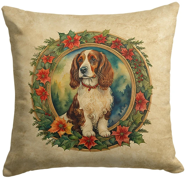 Main image of Welsh Springer Spaniel Christmas Flowers Throw Pillow Machine Washable, Indoor Outdoor Decorative Pillow for Couch, Bed or Patio, 18Hx18W