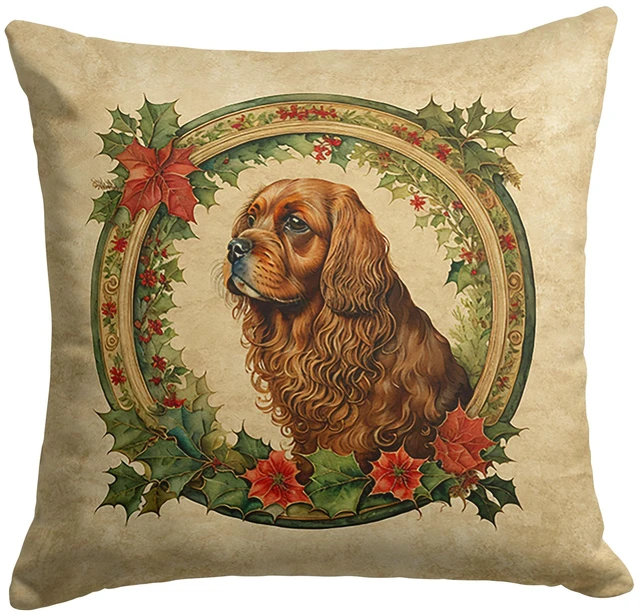 Main image of Sussex Spaniel Christmas Flowers Throw Pillow Machine Washable, Indoor Outdoor Decorative Pillow for Couch, Bed or Patio, 18Hx18W