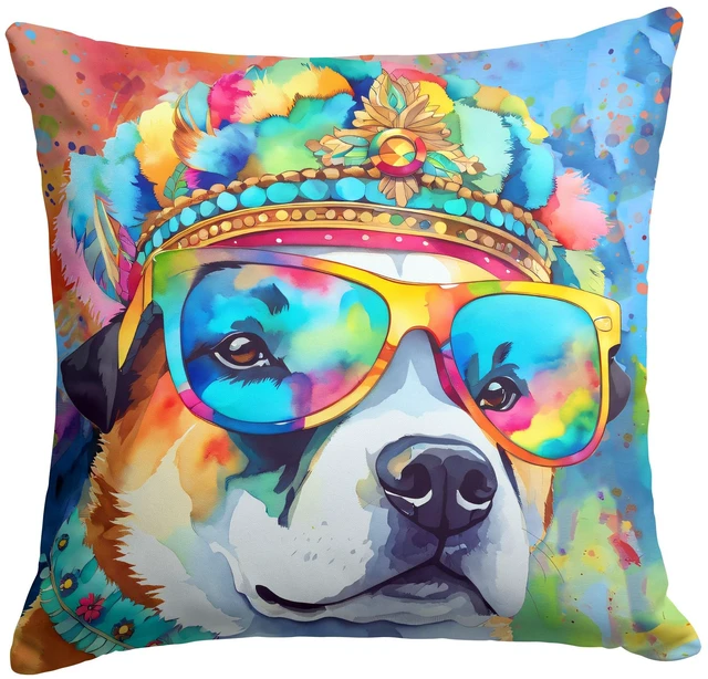 Main image of Akita Hippie Dawg Throw Pillow Machine Washable, Indoor Outdoor Decorative Pillow for Couch, Bed or Patio, 18Hx18W