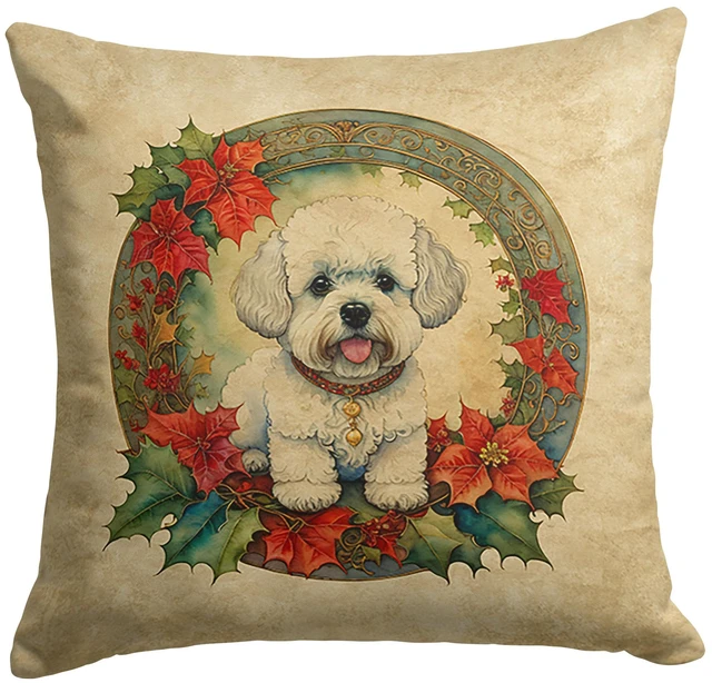 Main image of Bichon Frise Christmas Flowers Throw Pillow Machine Washable, Indoor Outdoor Decorative Pillow for Couch, Bed or Patio, 18Hx18W
