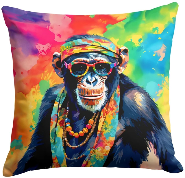 Main image of NEW Hippie Animal Chimpanzee Throw Pillow Machine Washable, Indoor Outdoor Decorative Pillow for Couch, Bed or Patio, 18Hx18W