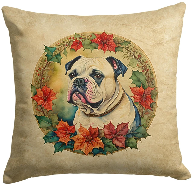 Main image of American Bulldog Christmas Flowers Throw Pillow Machine Washable, Indoor Outdoor Decorative Pillow for Couch, Bed or Patio, 18Hx18W