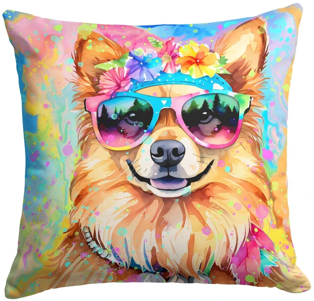 Main image of Pomeranian Hippie Dawg Throw Pillow Machine Washable, Indoor Outdoor Decorative Pillow for Couch, Bed or Patio, 18Hx18W