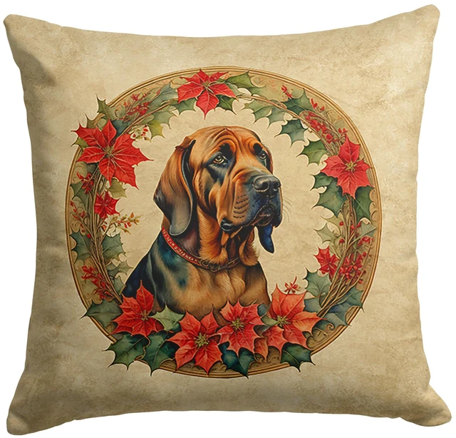 Main image of Bloodhound Christmas Flowers Throw Pillow Machine Washable, Indoor Outdoor Decorative Pillow for Couch, Bed or Patio, 18Hx18W