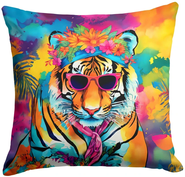 Main image of NEW Hippie Animal Bengal Tiger Throw Pillow Machine Washable, Indoor Outdoor Decorative Pillow for Couch, Bed or Patio, 18Hx18W