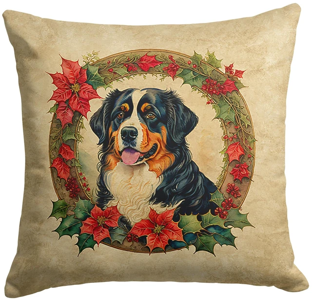 Main image of Bernese Mountain Dog Christmas Flowers Throw Pillow Machine Washable, Indoor Outdoor Decorative Pillow for Couch, Bed or Patio, 18Hx18W