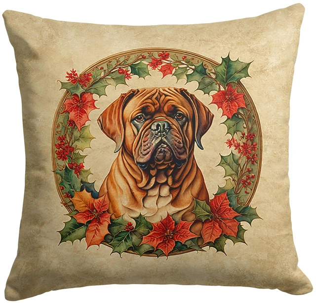 Main image of Dogue de Bordeaux Christmas Flowers Throw Pillow Machine Washable, Indoor Outdoor Decorative Pillow for Couch, Bed or Patio, 18Hx18W
