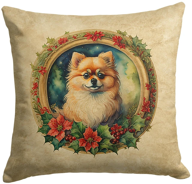 Main image of Pomeranian Christmas Flowers Throw Pillow Machine Washable, Indoor Outdoor Decorative Pillow for Couch, Bed or Patio, 18Hx18W
