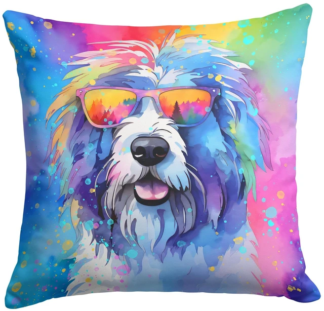 Main image of Old English Sheepdog Hippie Dawg Throw Pillow Machine Washable, Indoor Outdoor Decorative Pillow for Couch, Bed or Patio, 18Hx18W