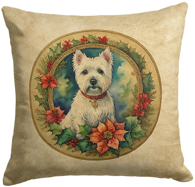 Main image of Westie Christmas Flowers Throw Pillow Machine Washable, Indoor Outdoor Decorative Pillow for Couch, Bed or Patio, 18Hx18W