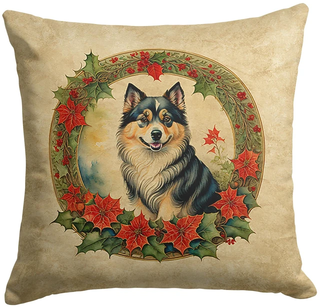 Main image of Finnish Lapphund Christmas Flowers Throw Pillow Machine Washable, Indoor Outdoor Decorative Pillow for Couch, Bed or Patio, 18Hx18W