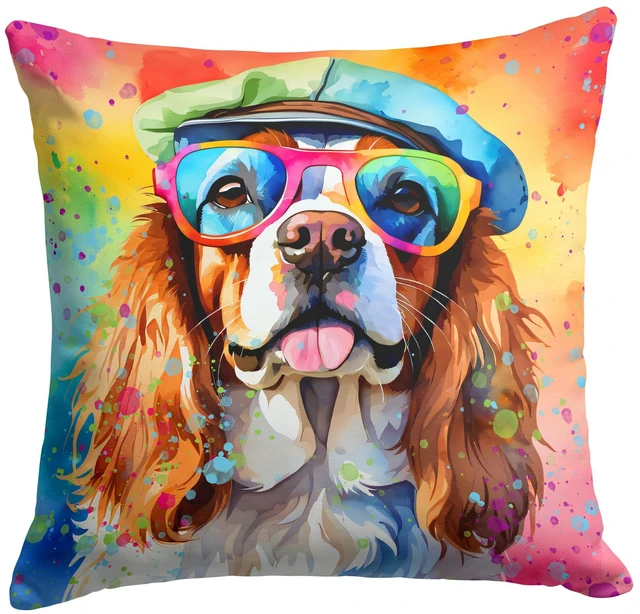 Main image of Cavalier Spaniel Hippie Dawg Throw Pillow Machine Washable, Indoor Outdoor Decorative Pillow for Couch, Bed or Patio, 18Hx18W